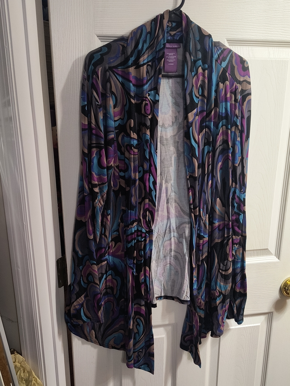 Beverly Drive Open-Front Cardigan in Black, Blue & Purple Swirl Print